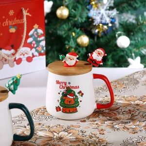 Christmas Themed Mug with Lid and Santa Decor ( Gift for Friends, families and